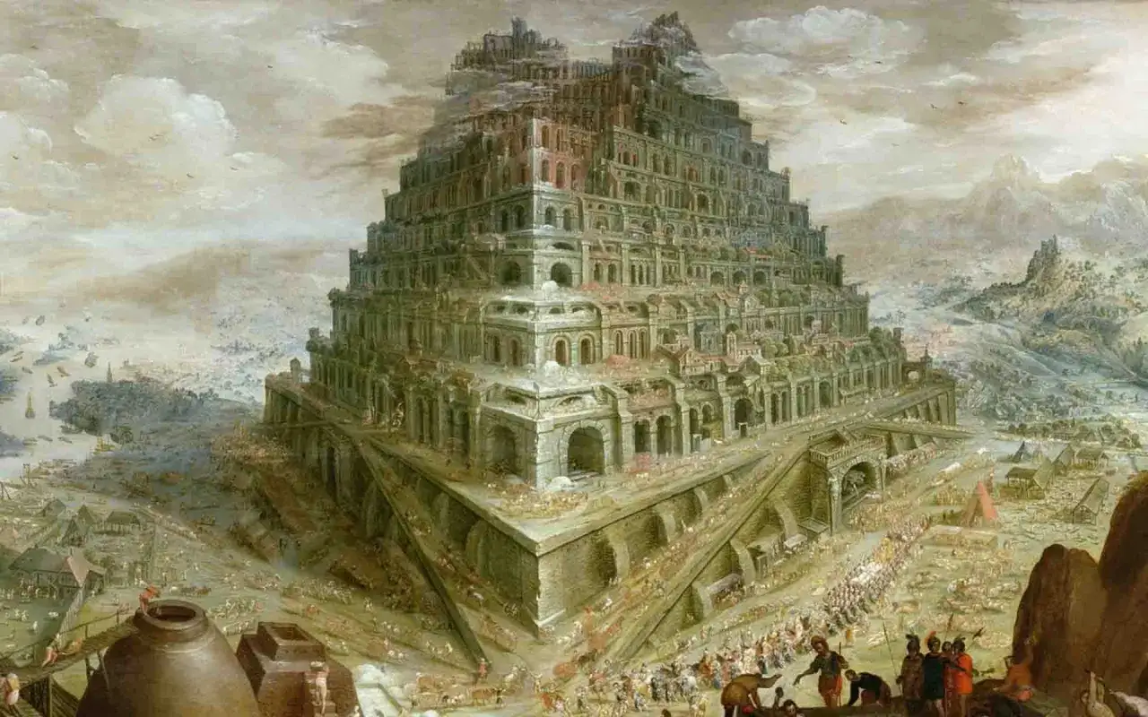 Majestatyczna wieża Babel pnie się ku niebu, otoczona tłumami ludzi i architektonicznymi cudami.