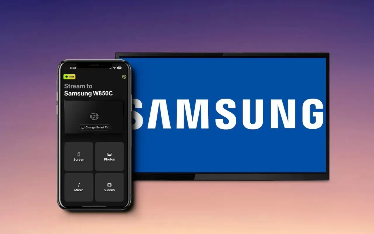 Aplikacja na telefonie umożliwia klonowanie ekranu na telewizor Samsung W850C, oferując opcje strumieniowania ekranu, zdjęć, muzyki i filmów.