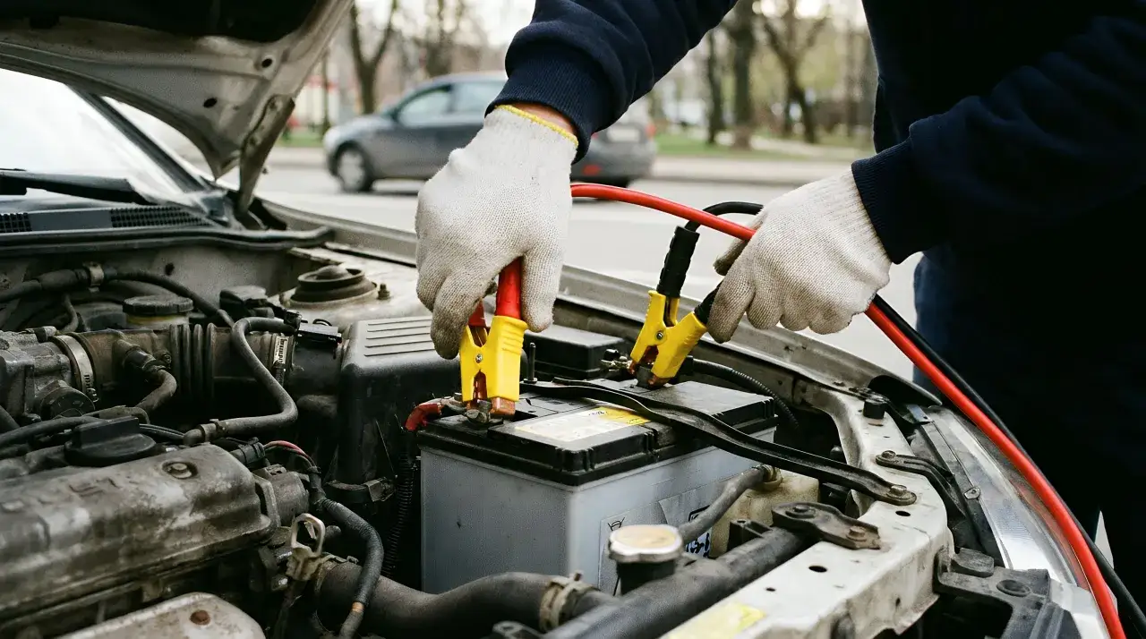 Person mit Handschuhen schlie&szlig;t Starthilfe-Kabel an Autobatterie an. ADAC-Hilfe ist oft die L&ouml;sung bei Pannen.