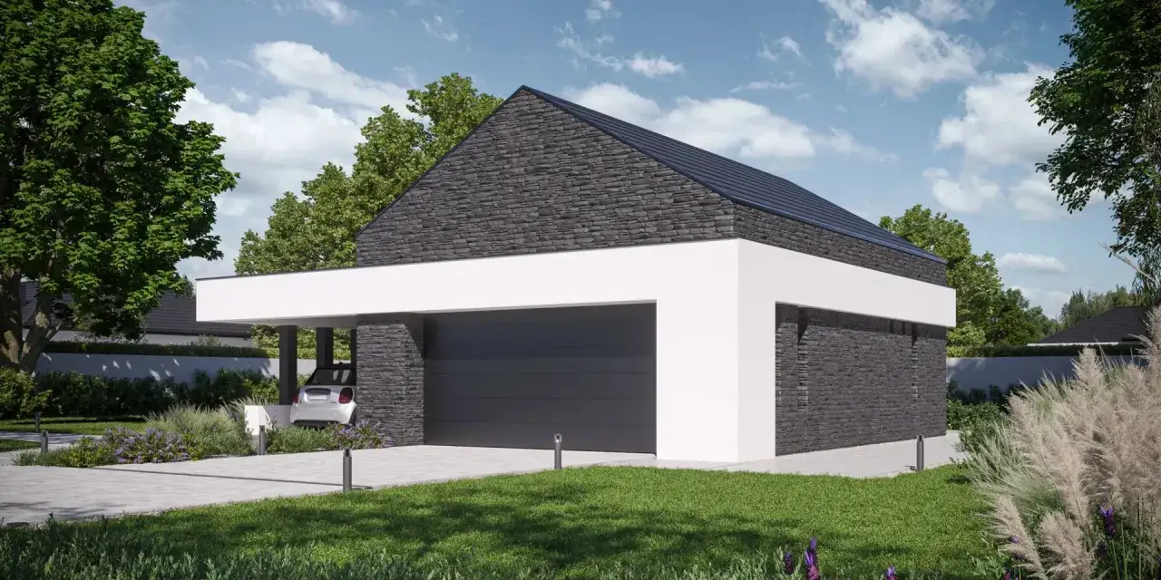 Nowoczesny garaż dobudowany do domu, z kamienną elewacją i białym detalem. Idealne garaż dobudowany do domu projekty.