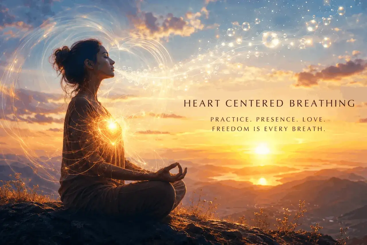Frau in Meditation bei Sonnenuntergang, Herz-Energie strahlt. Herz-Meditation für Freiheit und Präsenz.