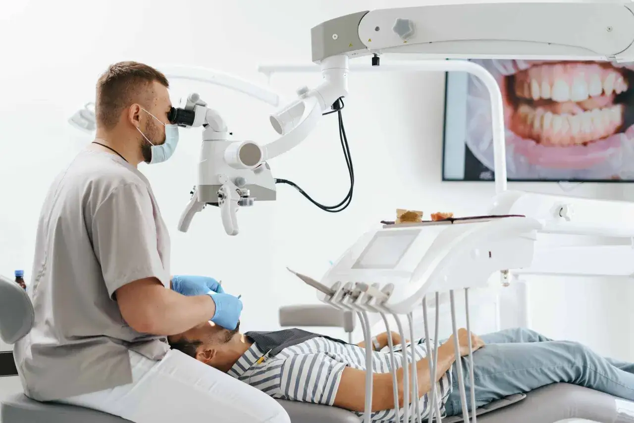 Dentysta w masce i rękawiczkach pracuje pod mikroskopem, pacjent leży na fotelu. To nowoczesne leczenie zębów pod narkozą.