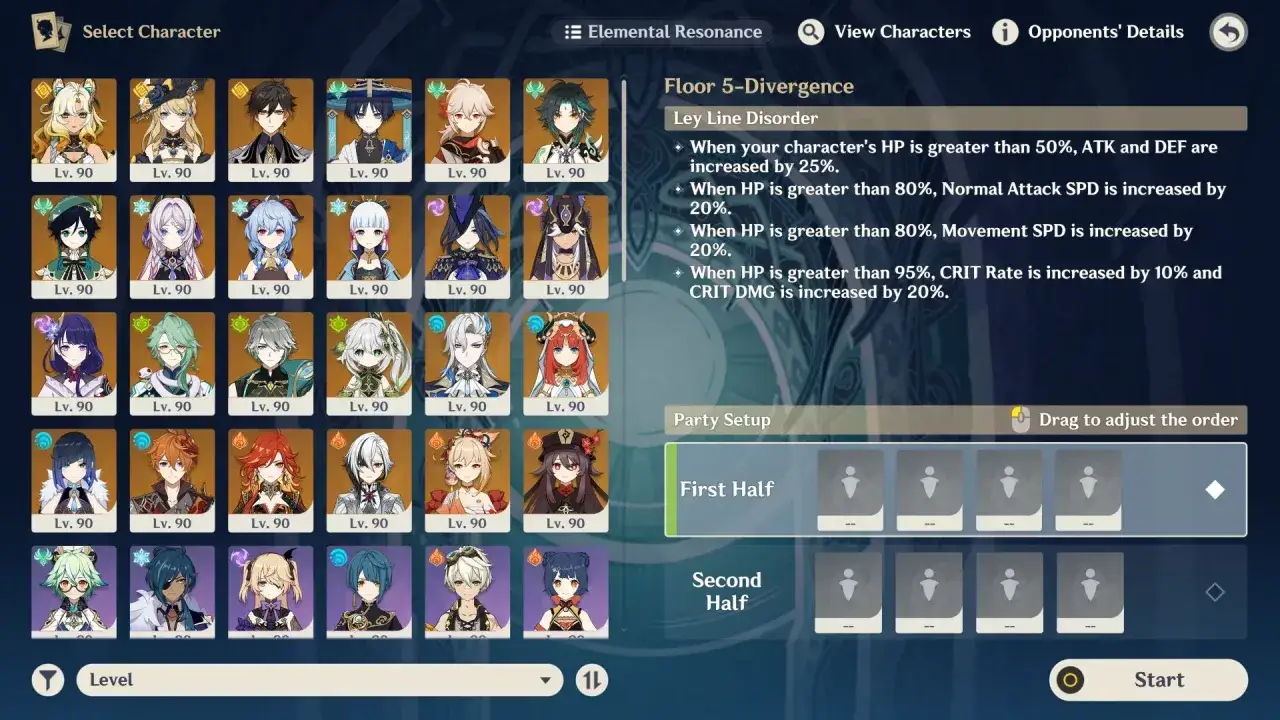 Selección de los mejores personajes de Genshin Impact, todos nivel 90, listos para la batalla.