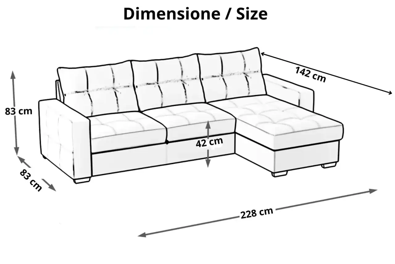 Schema con le dimensioni divano: altezza 83 cm, profondit&agrave; 83 cm, seduta 42 cm, lunghezza totale 228 cm, profondit&agrave; chaise longue 142 cm.