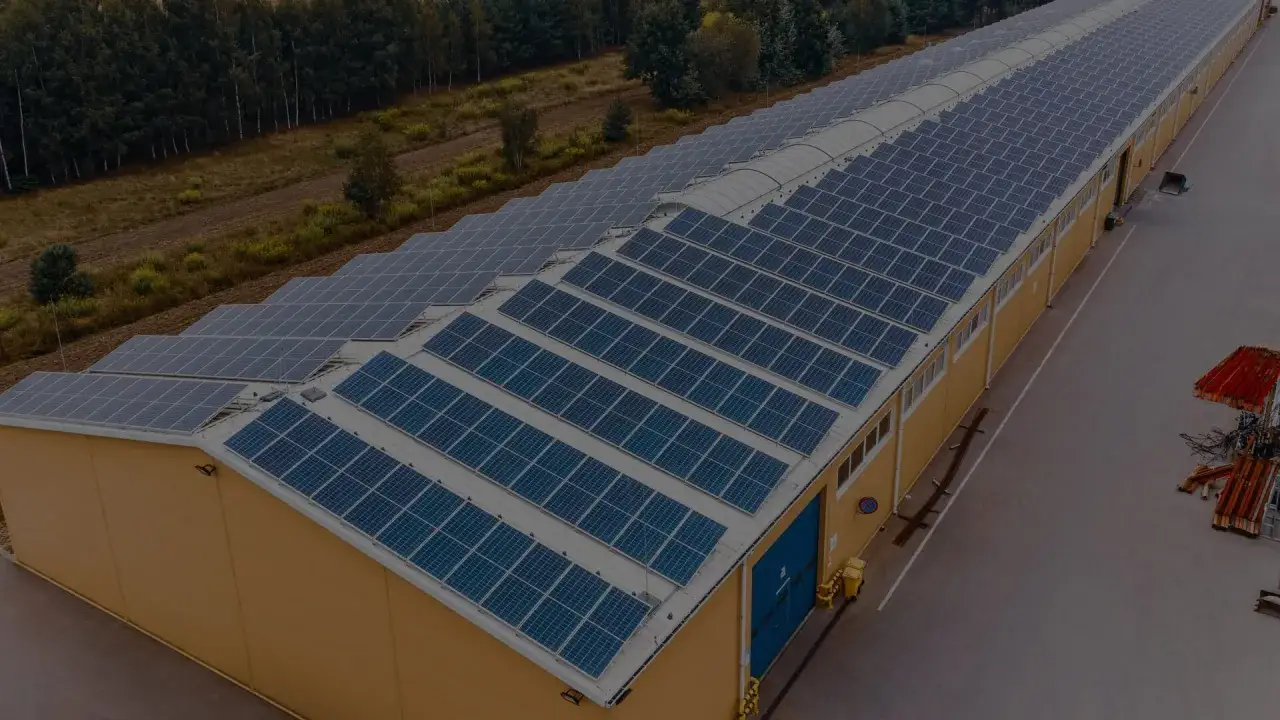 Ogromny dach pokryty panelami fotowoltaika firmy, generującymi czystą energię. Obok las i pole.