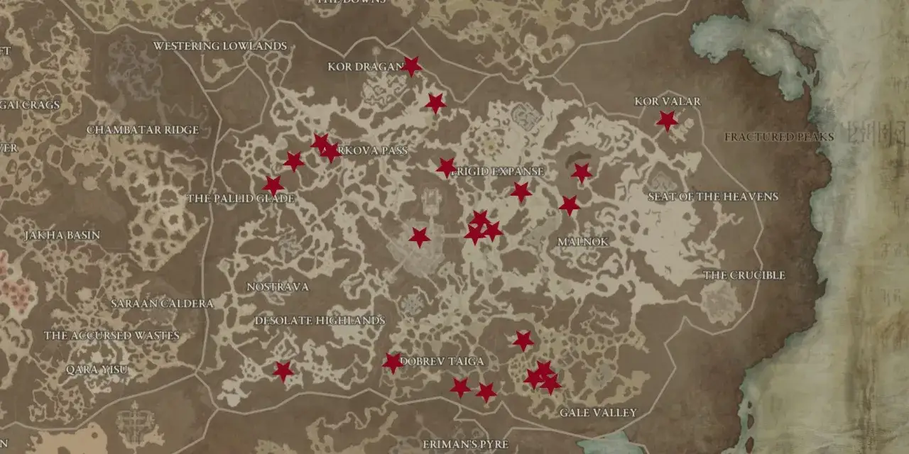 Mapa Sanktuarium z zaznaczonymi czerwonymi gwiazdkami miejscami, gdzie można znaleźć diablo 4 zadania poboczne.