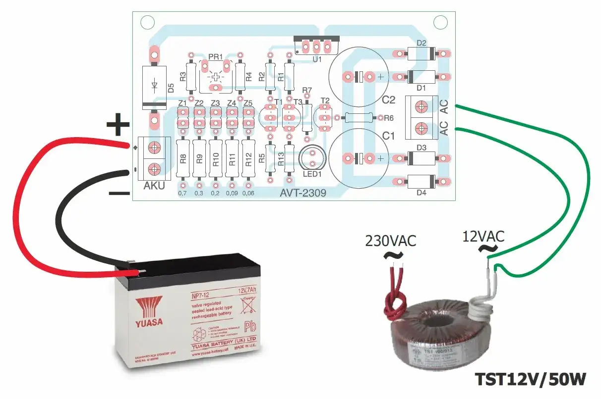 Schemat ładowania akumulatora żelowego 12V. Podłączony transformator 230V/12V i płytka AVT-2309.