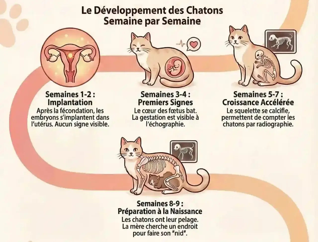 Illustration du développement d'un chaton, montrant l'utérus, puis des chats à différents stades de gestation, y compris la croissance des chatons et la mamelle chat enceinte.
