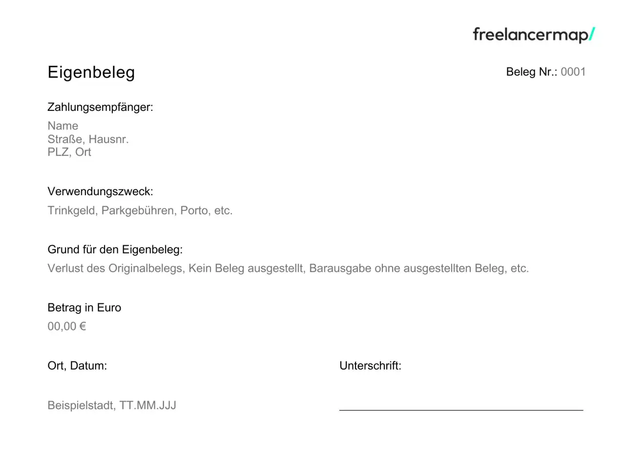 Eigenbeleg Vorlage f&uuml;r Ausgaben wie Trinkgeld oder Parkgeb&uuml;hren. Beleg Nr. 0001.