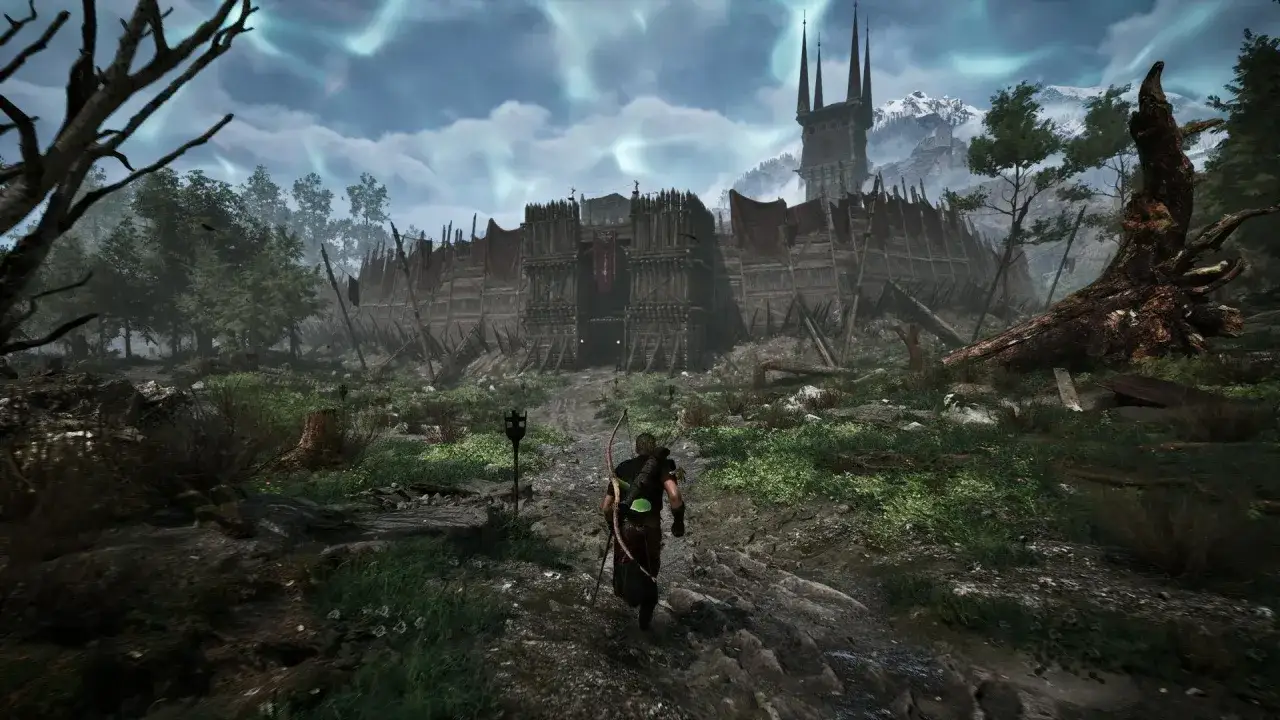Un guerrero se acerca a una fortaleza de madera en un **gothic remake**. El cielo muestra auroras boreales.