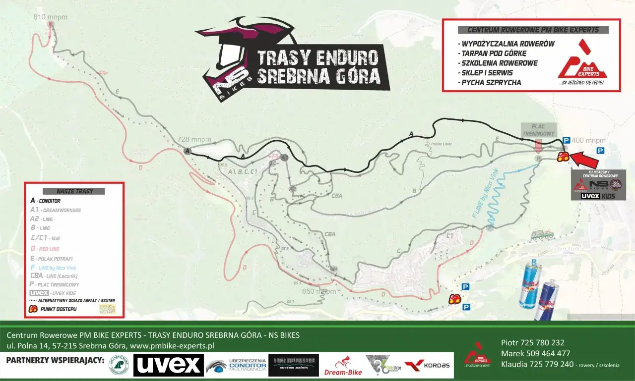 Mapa tras rowerowych Srebrna G&oacute;ra. Centrum Rowerowe PM Bike Experts oferuje wypożyczalnię, szkolenia i serwis.