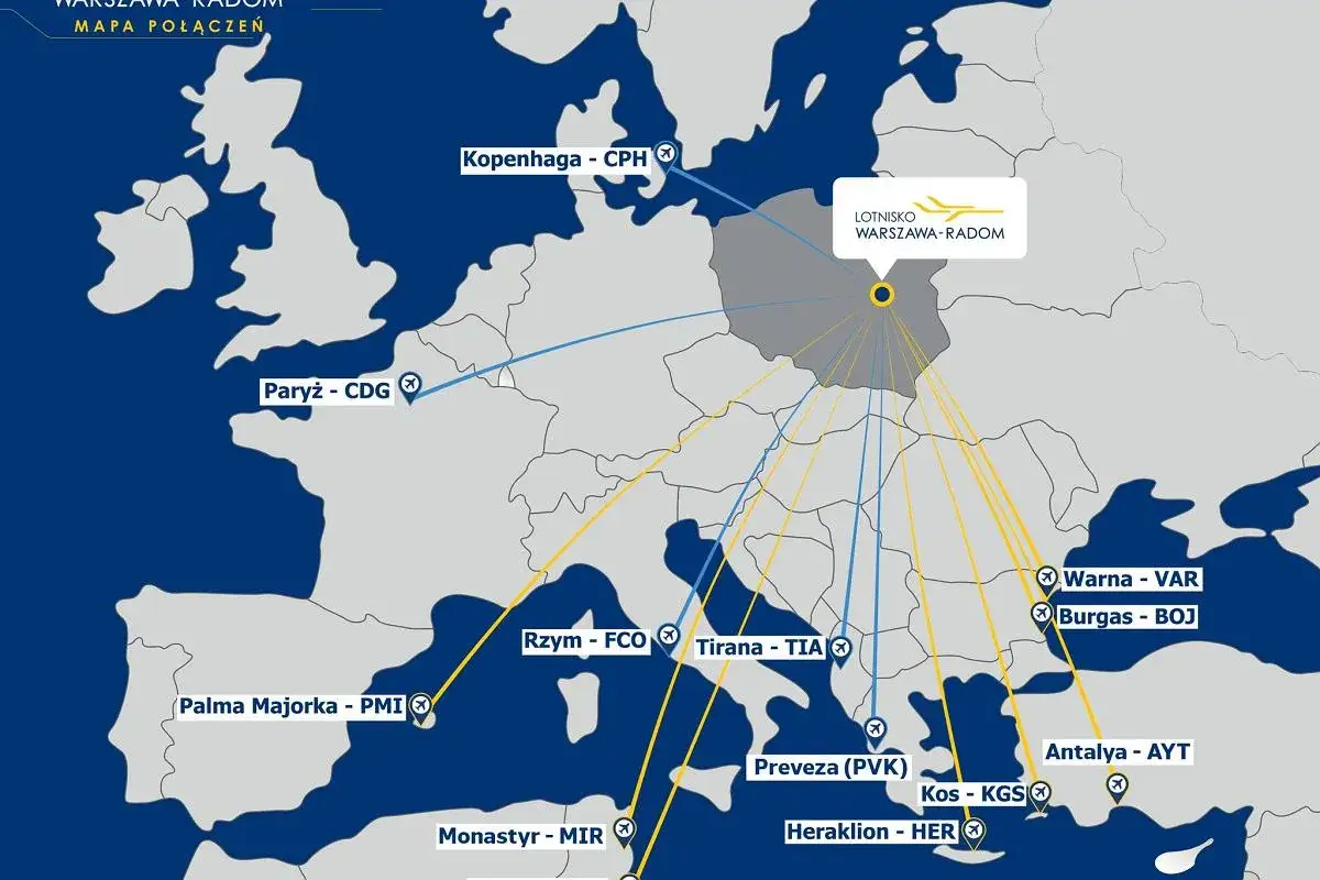 Mapa połączeń z Warszawy-Radom. Zastanawiasz się, ile trwa lot na Majorkę z Poznania? Mapa pokazuje trasę na Majorkę (PMI).