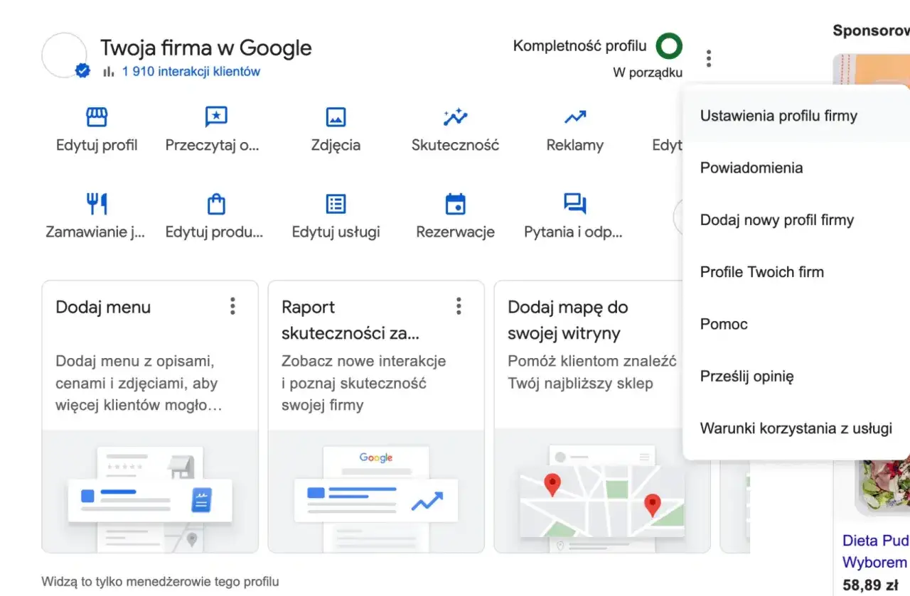 Menu Ustawienia profilu firmy w Google. Dowiedz się, jak edytować wizytówkę Google, dodawać menu, zdjęcia i zarządzać profilem.