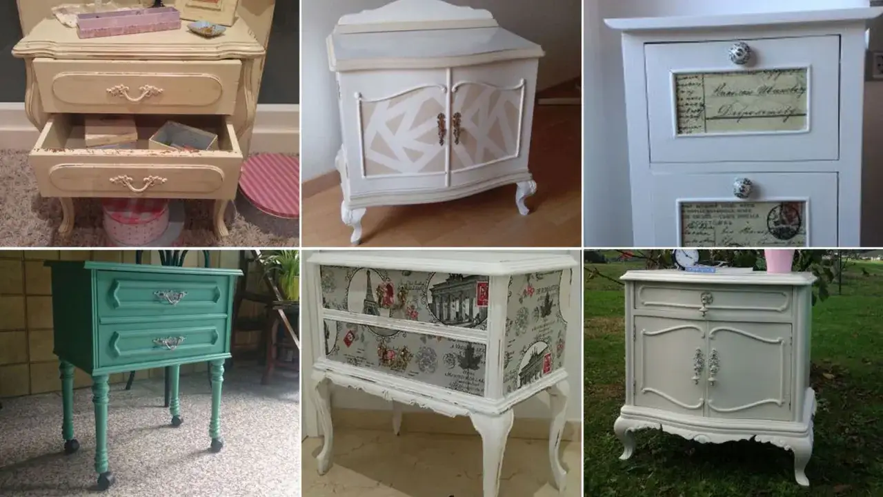 Ejemplos de cómo restaurar mesitas de noche vintage con acabados pintados, decoupage y detalles decorativos.