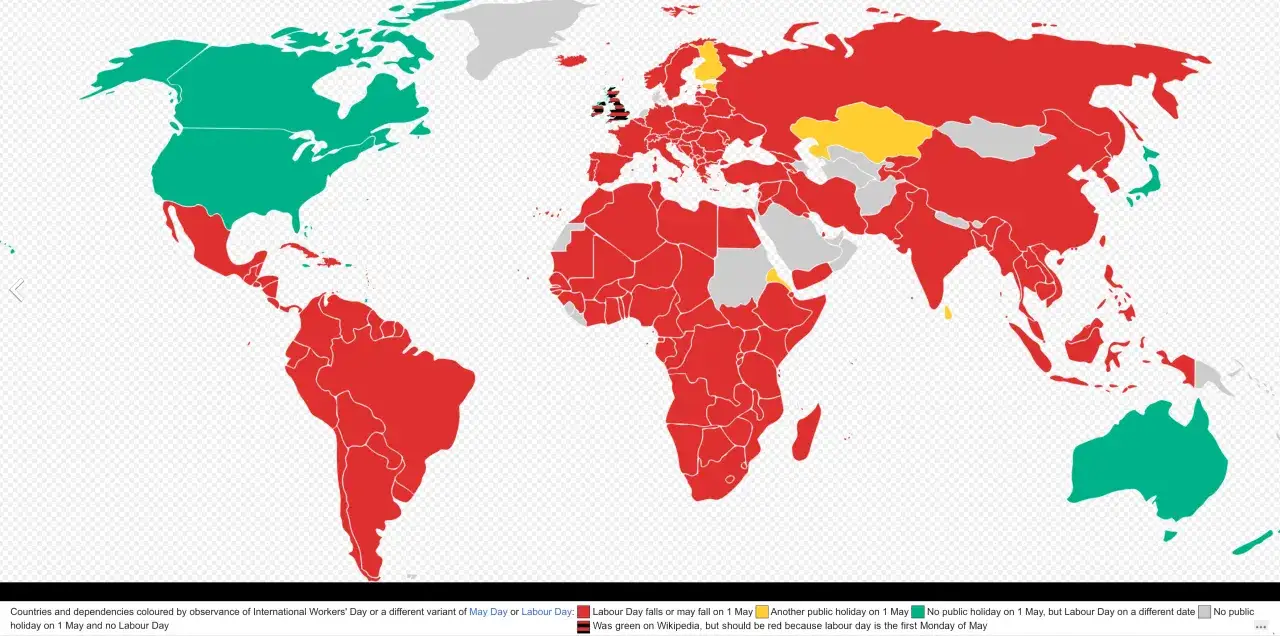 Mapa mundial coloreado según el día del trabajador. El verde indica que no hay festivo el 1 de mayo, pero sí el Labour Day en otra fecha.