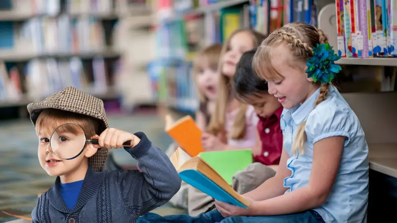 Ni&ntilde;os explorando el mundo de los libros, algunos con lupa, otros absortos en la lectura. Ideal para descubrir historias a partir de 11 a&ntilde;os.