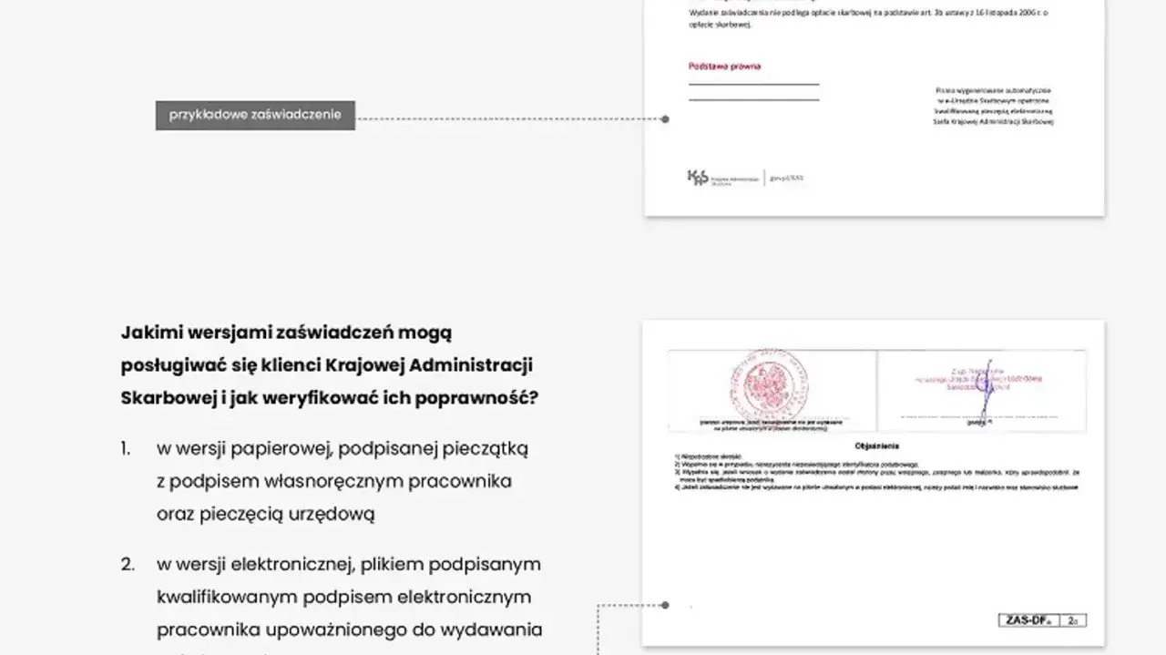 Przykładowe zaświadczenie Krajowej Administracji Skarbowej. Informacja skarbowa w wersji papierowej i elektronicznej.