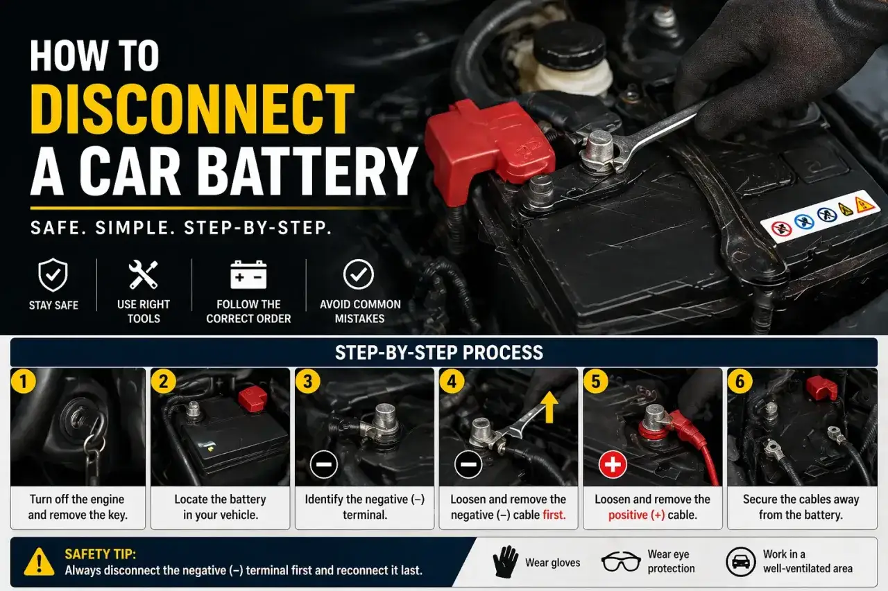 Steg-för-steg-guide för att koppla loss bilbatteri. Bilden visar hur man säkert tar bort kablarna från bilbatteriet, med fokus på att först lossa den negativa polen.