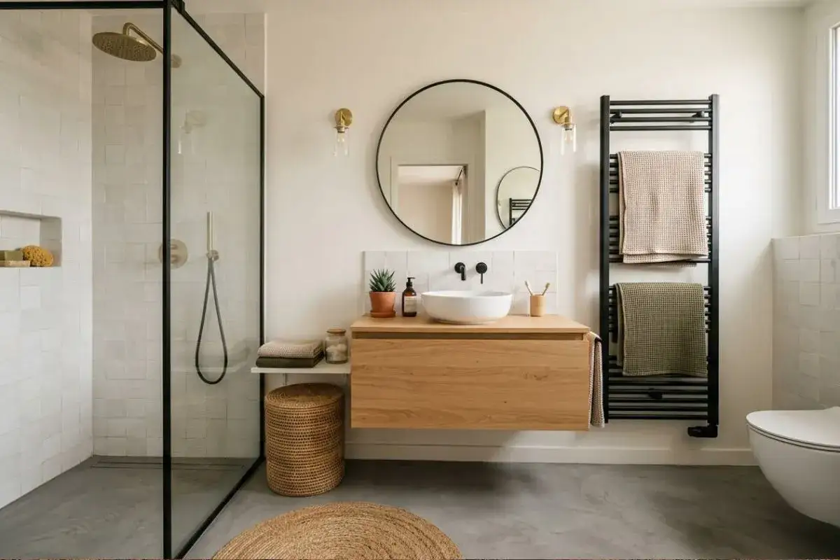 Salle de bain moderne avec douche vitrée, meuble vasque en bois, miroir rond et porte-serviettes noir. Idéal pour agrandir salle de bain.