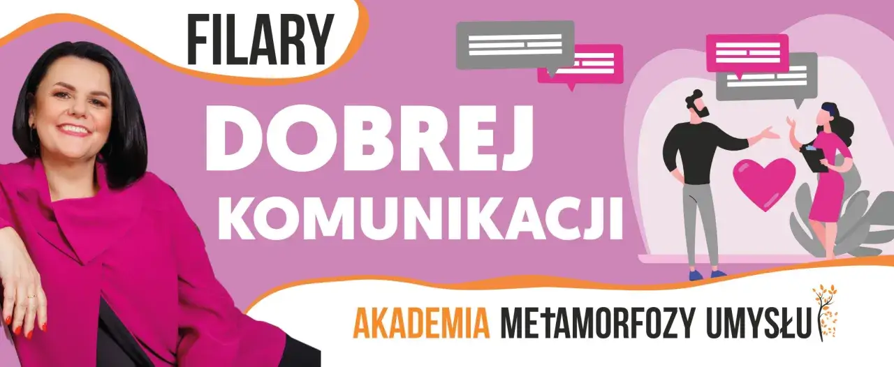 Uśmiechnięta kobieta i ilustracja pary rozmawiającej przy sercu symbolizują podstawy komunikacji. Akademia Metamorfozy Umysłu.