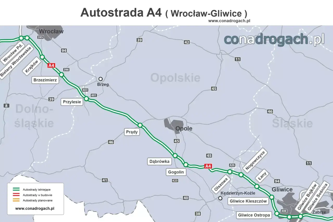 Mapa autostrady A4 Wrocław-Gliwice. Znajdź informacje o cenniku i trasie.