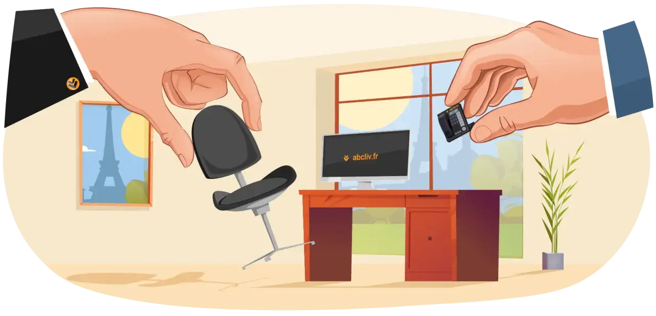 Mains g&eacute;antes pla&ccedil;ant une chaise de bureau et un t&eacute;l&eacute;phone. Un bureau, un &eacute;cran et une fen&ecirc;tre avec la Tour Eiffel sont visibles. Un exemple d'apport en nature.