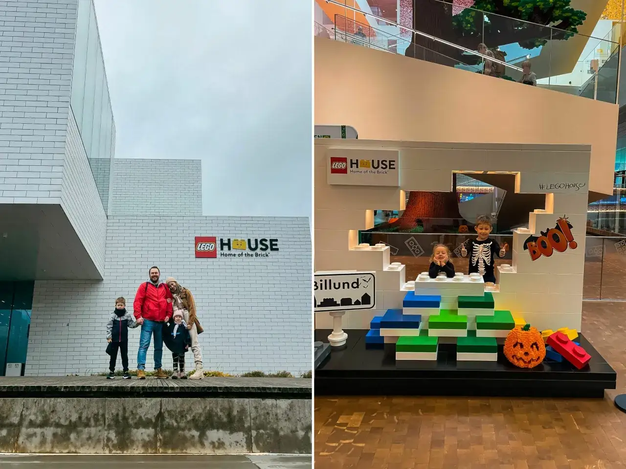 Rodzina przed LEGO House w Billund, gdzie kupili bilety. W środku dzieci bawią się przy halloweenowej dekoracji.