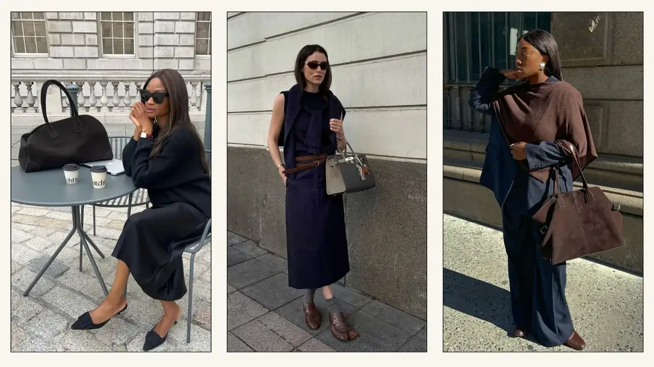 Eleganckie stylizacje: czarny total look, granatowy zestaw z brązowymi mokasynami i brązowy szal z garniturem w paski.