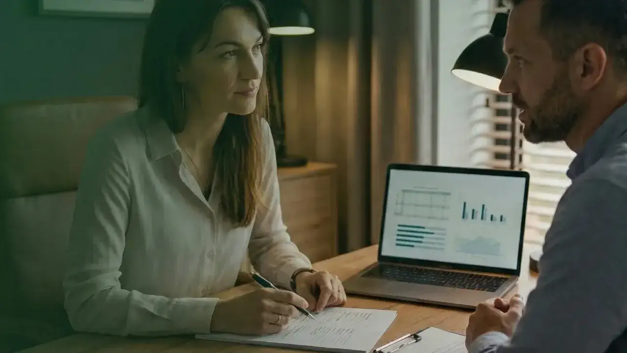 Kobieta i mężczyzna analizują wykresy na laptopie przy biurku.