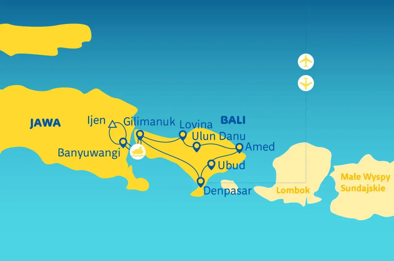 Mapa Indonezji z zaznaczonymi trasami. Dwa samoloty symbolizują loty, sugerując, ile trwa bezpośredni lot z Warszawy do Bali.