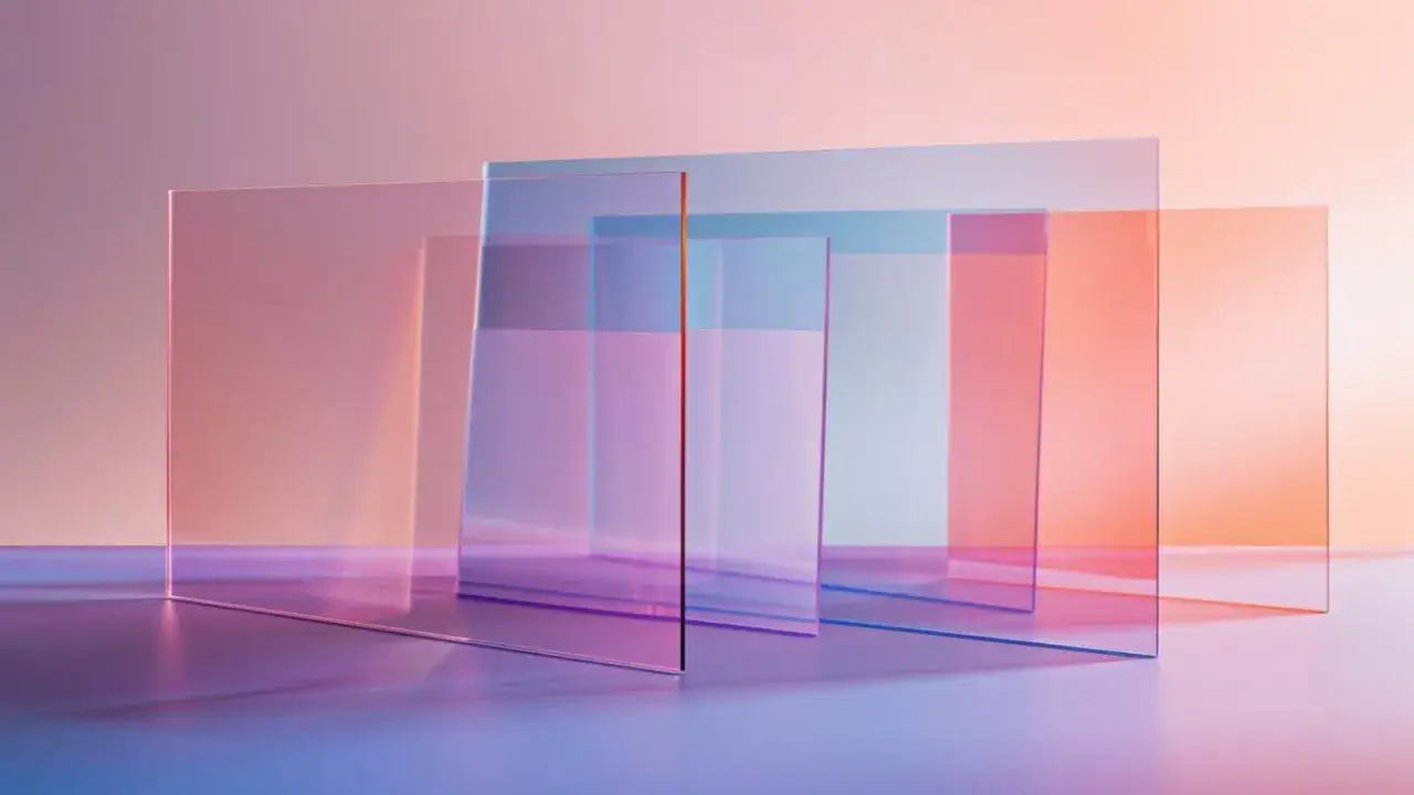 Abstract composition of overlapping uv transparent plastic sheets in pastel pink, blue, and orange hues, casting soft shadows.