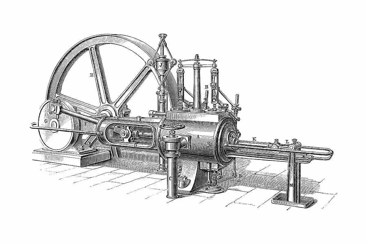 Eine detaillierte Zeichnung einer Dampfmaschine, ein Symbol der Industrialisierung. Das Herzst&uuml;ck der dampfmaschine treibt das gro&szlig;e Schwungrad an.