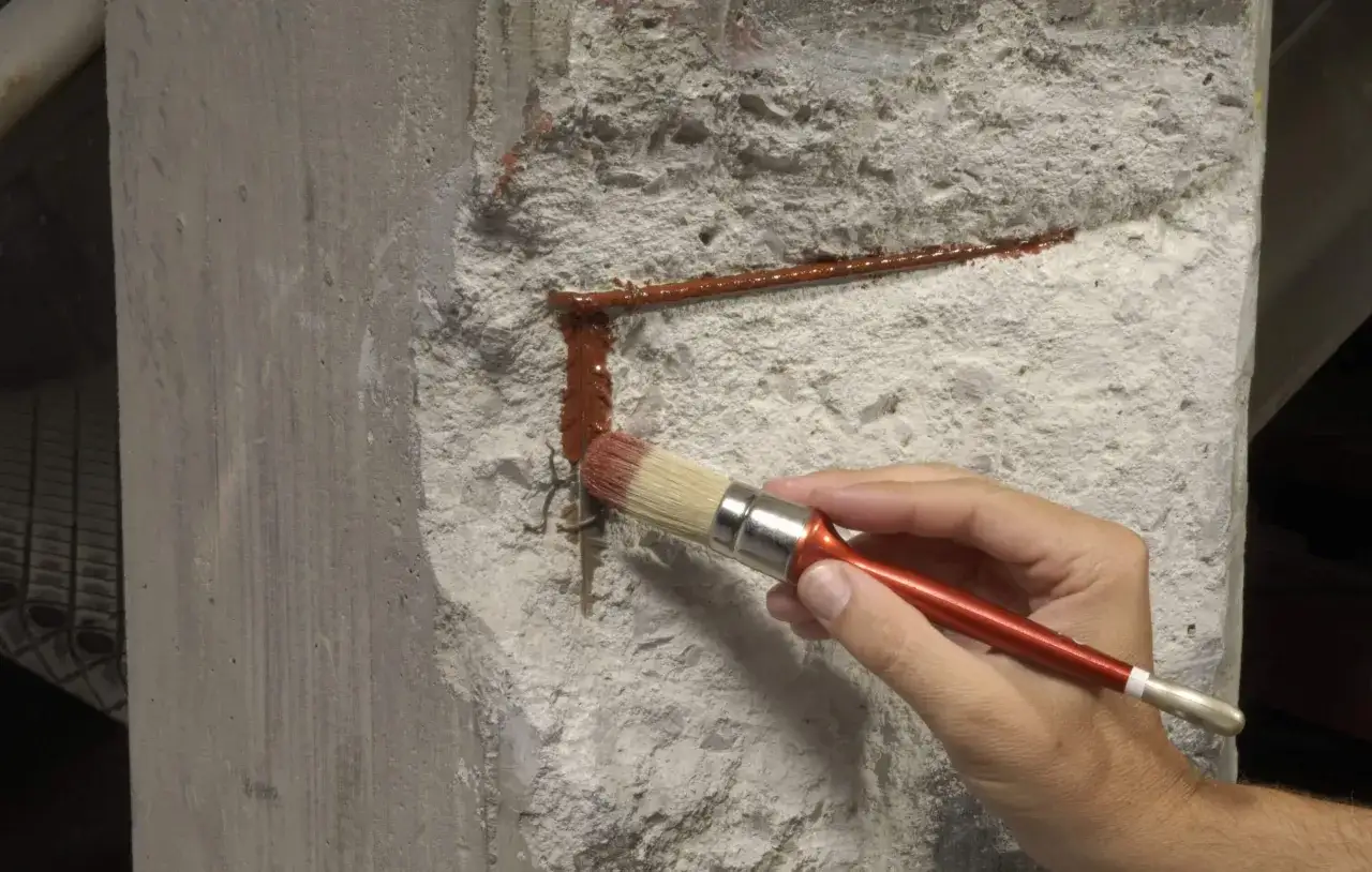 Aplicando Sikadur 32 con brocha en una grieta de concreto para reparaciones estructurales.