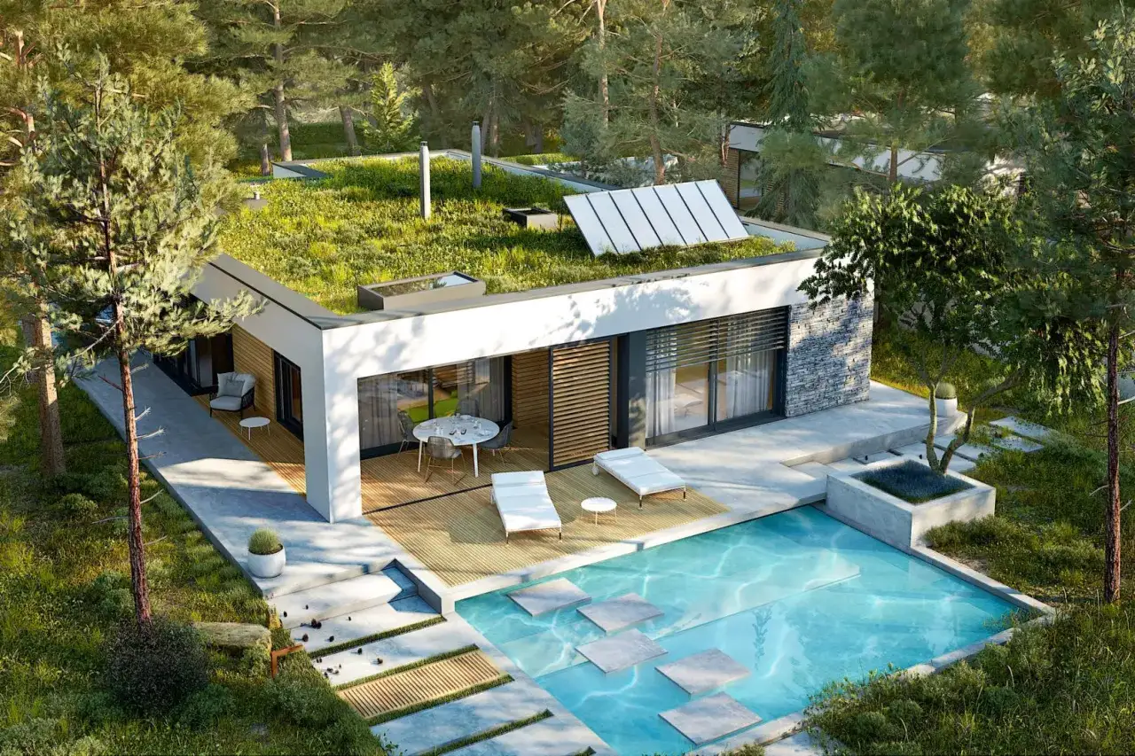 Nowoczesny bungalow z zielonym dachem, basenem i tarasem w otoczeniu lasu. Idealne miejsce na relaks.