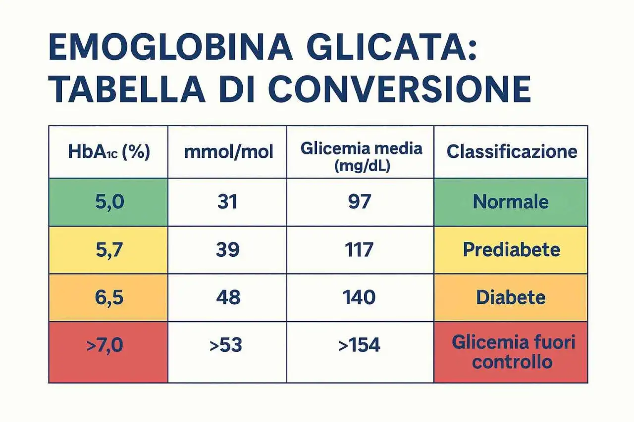 Tabella di conversione emoglobina glicata: un valore di 59 (non presente nella tabella) potrebbe indicare un range di glicemia media.