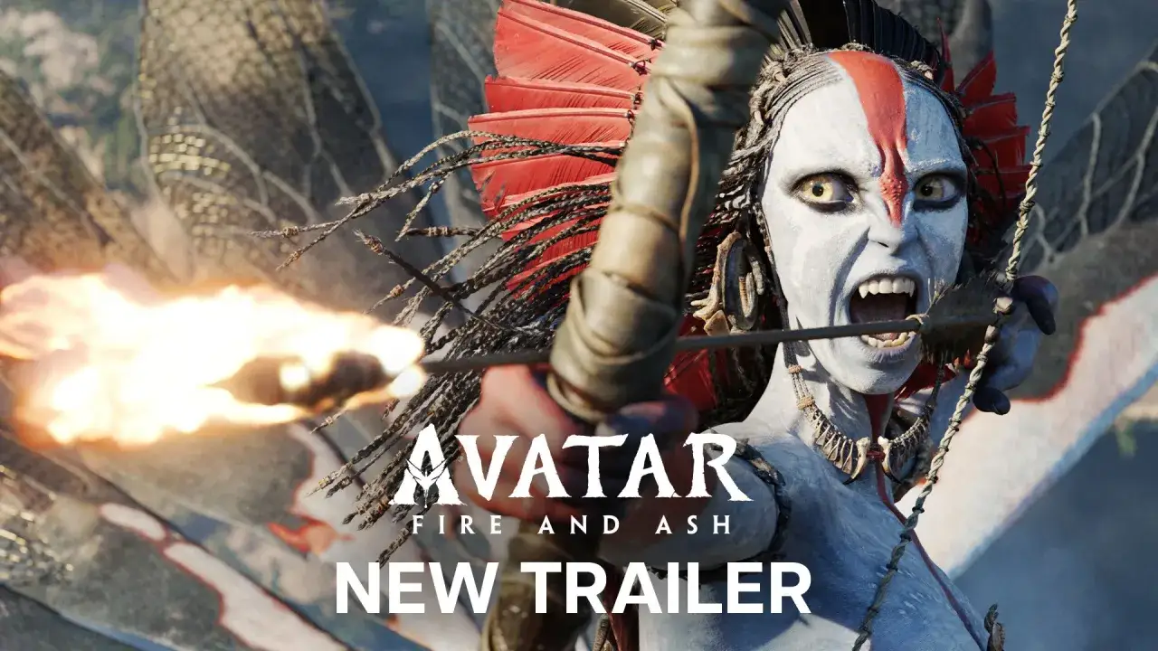 Ein Na'vi-Krieger mit wei&szlig;er Kriegsbemalung und roten Federn feuert einen brennenden Pfeil ab. Avatar 3 Stream.