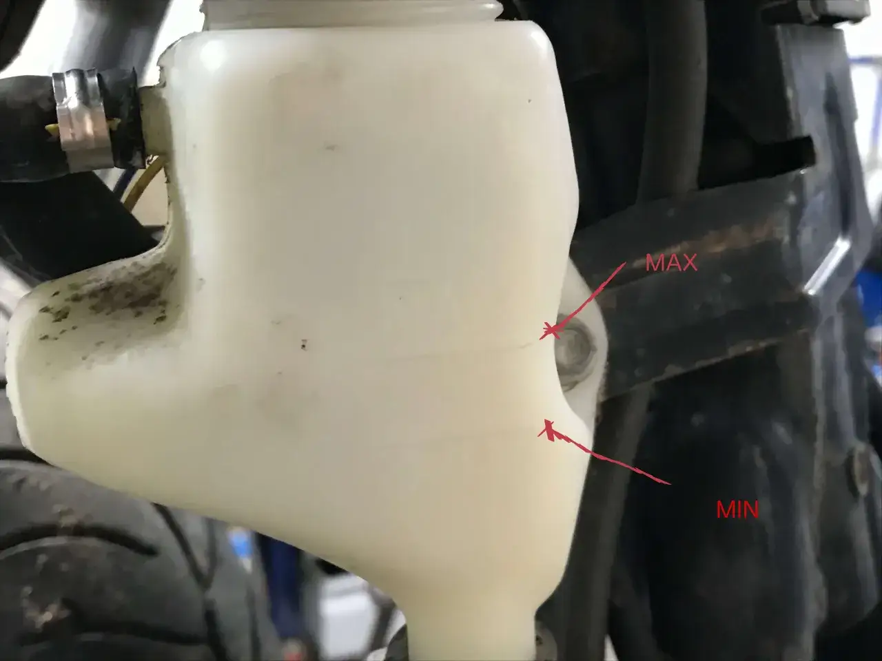 Serbatoio trasparente per controllare liquido di raffreddamento, con indicatori MAX e MIN.