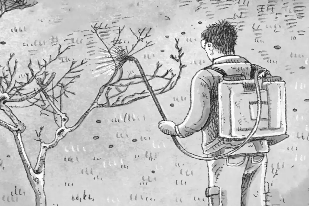 Un contadino spruzza un albero spoglio, seguendo il calendario trattamenti kiwi per proteggere la coltura.