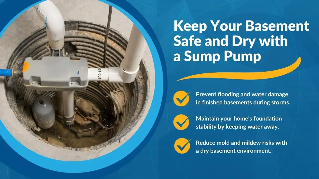A sump pump installation in a basement pit, with pipes and a float. This system keeps basements dry and safe.