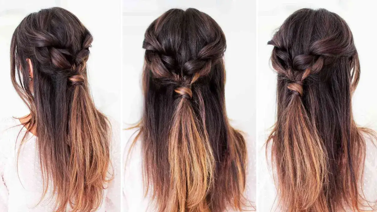 Drei Ansichten einer Frau mit geflochtenem Oberkopf und offenem Haar. Einfache Frisuren lange Haare, perfekt f&uuml;r jeden Tag.