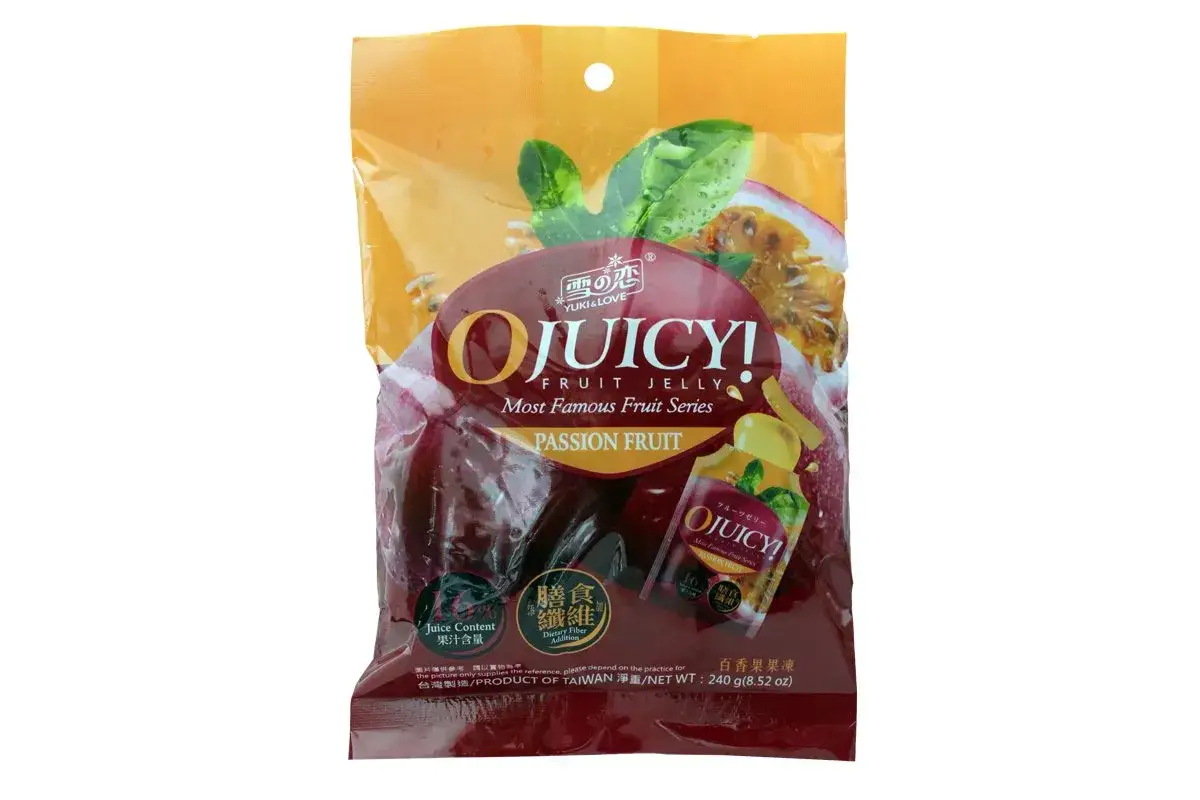 Sachet de gelée OJUICY! saveur fruit de la passion. Une recette gourmande pour un plaisir fruité intense.