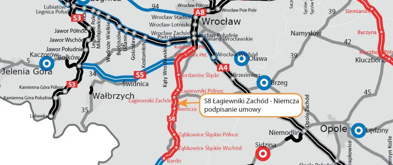 Mapa drogowa z zaznaczoną trasą S8, pokazującą przebieg od Łagiewnik Zachodnich do Niemczy.