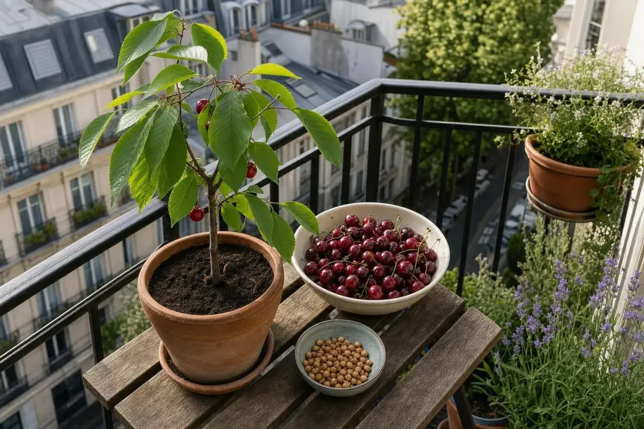 Un jeune cerisier en pot sur un balcon parisien, avec des cerises fra&icirc;ches et des noyaux pr&ecirc;ts &agrave; germer.