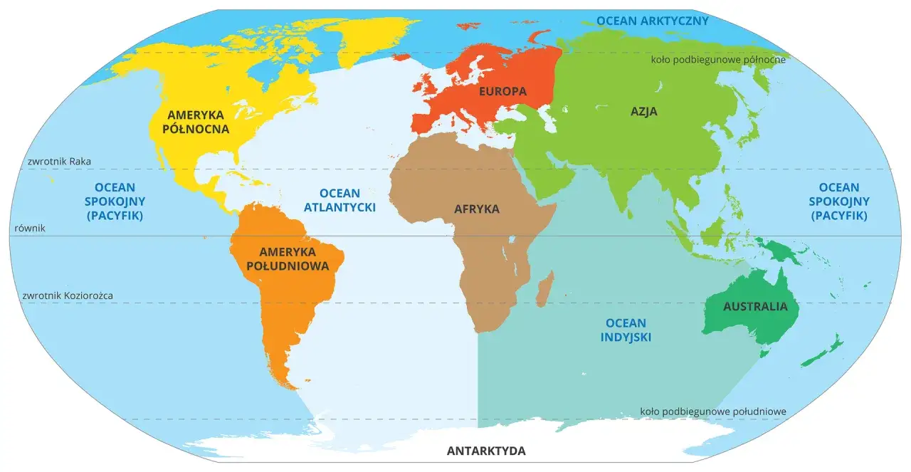 Mapa świata pokazuje, ile kontynentów jest na świecie: Amerykę Północną, Amerykę Południową, Europę, Afrykę, Azję, Australię i Antarktydę.