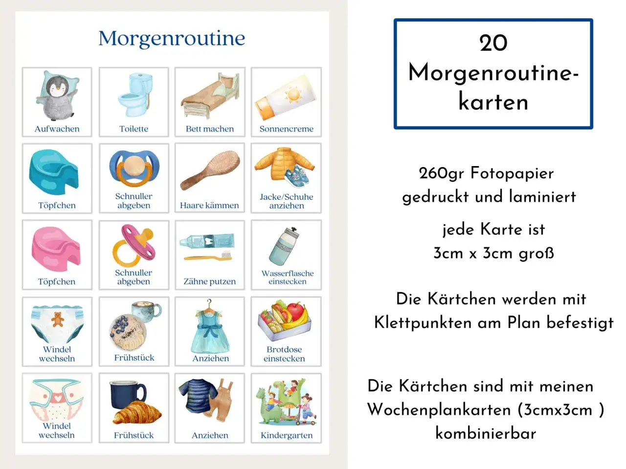 Karten f&uuml;r die Morgenroutine mit positiven Affirmationen: Aufwachen, Z&auml;hneputzen, Anziehen. Hilft Kindern, den Tag positiv zu beginnen.