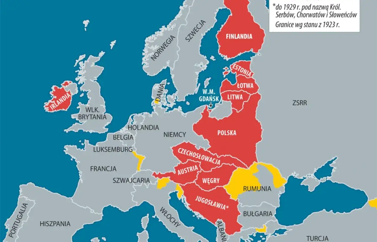Mapa Europy z zaznaczonymi granicami państw w okresie dwudziestolecia międzywojennego. Czerwone państwa to Polska, Finlandia, Estonia, Łotwa, Litwa, Jugosławia.