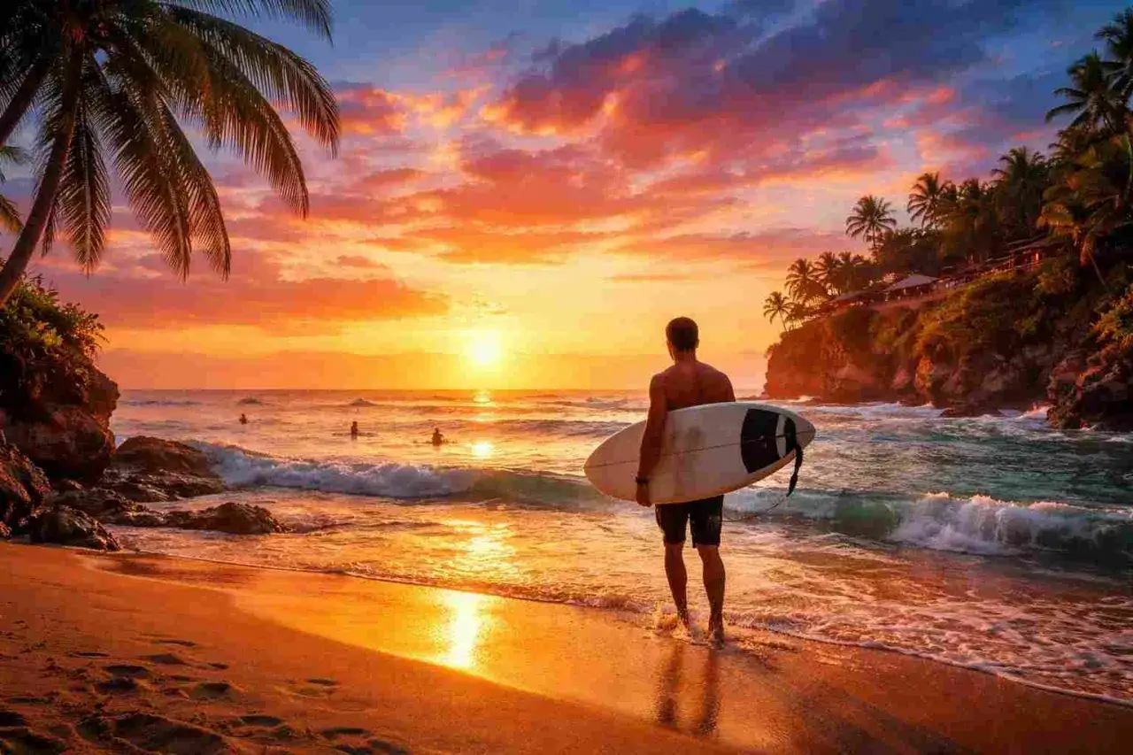Zach&oacute;d słońca na plaży Kuta Bali. Surfer z deską wchodzi do oceanu, fale rozbijają się o brzeg.