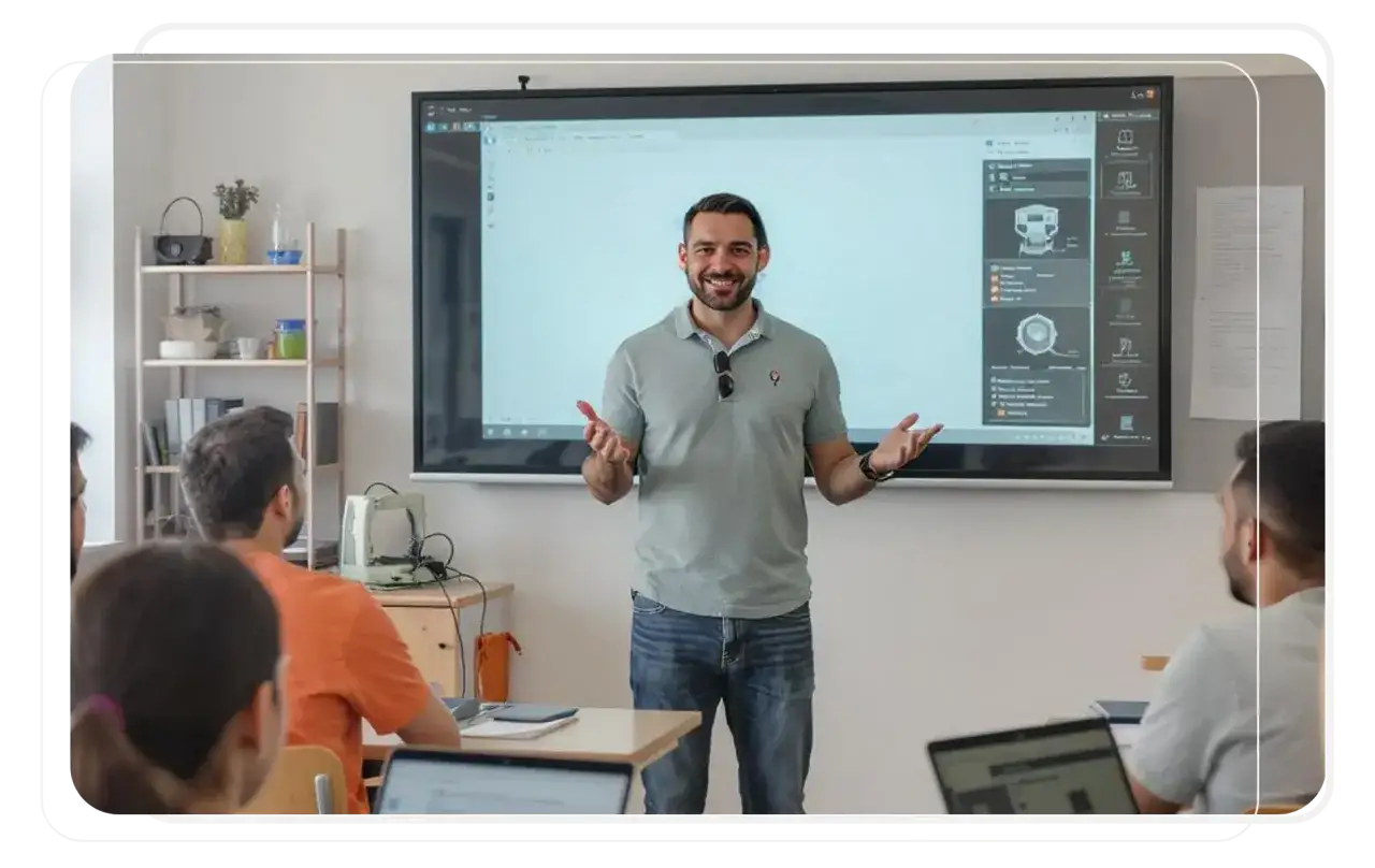 Profesor de tecnolog&iacute;a explicando en clase, prepar&aacute;ndose para las oposiciones.