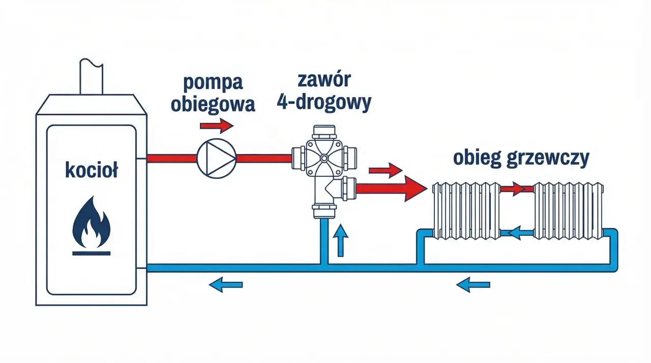 Schemat instalacji grzewczej: kocioł, pompa obiegowa, zawór 4-drogowy i grzejniki. Pompa do pieca na pellet zapewnia obieg wody.