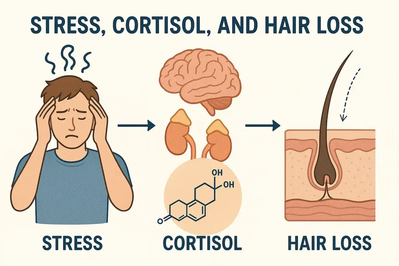 Illustration visar hur stress leder till ökad kortisolproduktion, vilket kan orsaka håravfall.